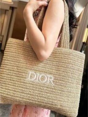 Dior Beige Crochet Tote with White Logo Dior Beauty Raffia Woven Tote Bag